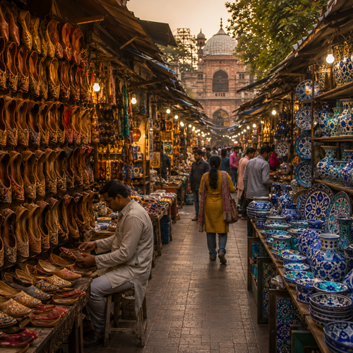 Nehru Bazar colourful mojris and pots