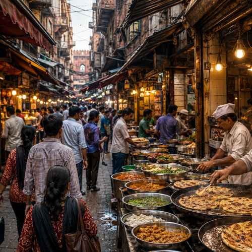 Steam rising from large frying pans in a street kitchen