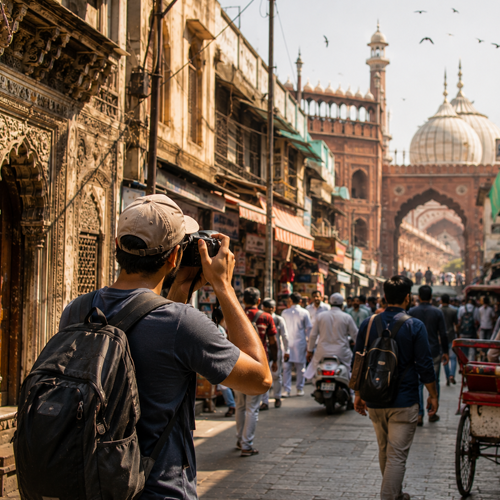 Photographer shooting architectural arches of old monument