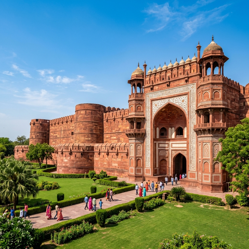 Grand red sandstone gateway of Agra Fort