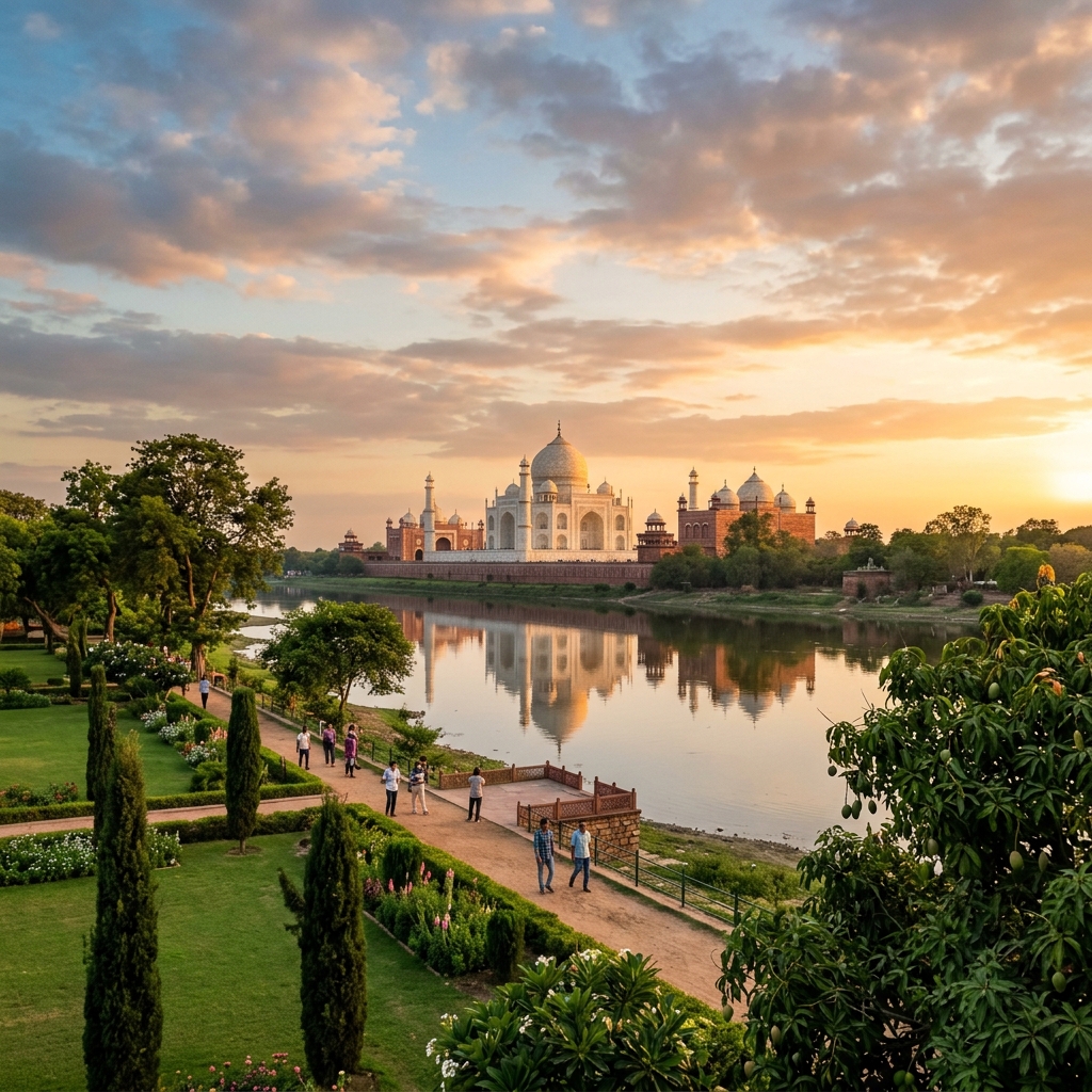 View of Taj Mahal from Mehtab Bagh across the river