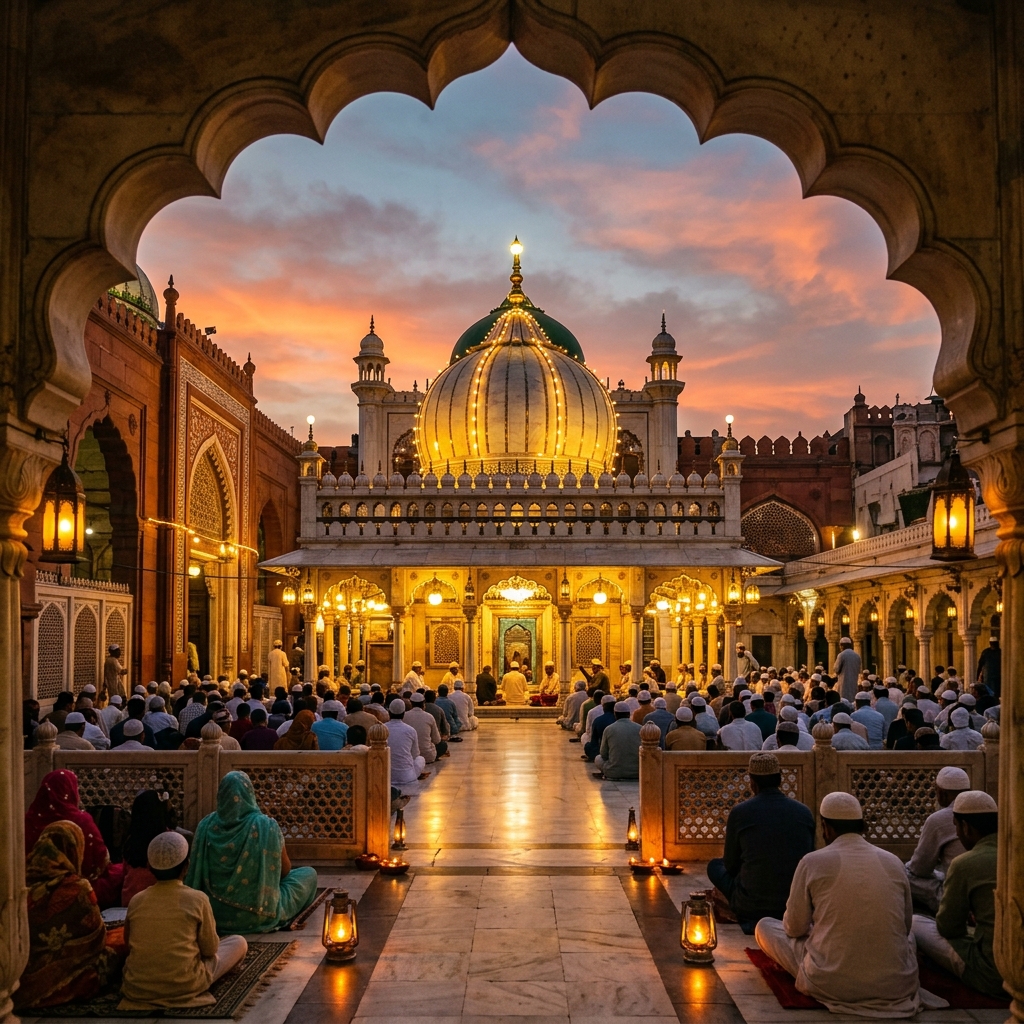 Devotees lighting lamps inside a Sufi shrine courtyard