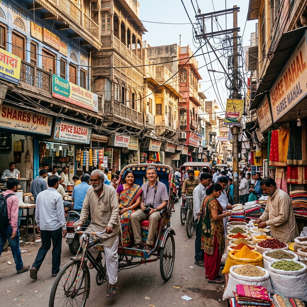 Tourists riding in a traditional cycle rickshaw in Delhi